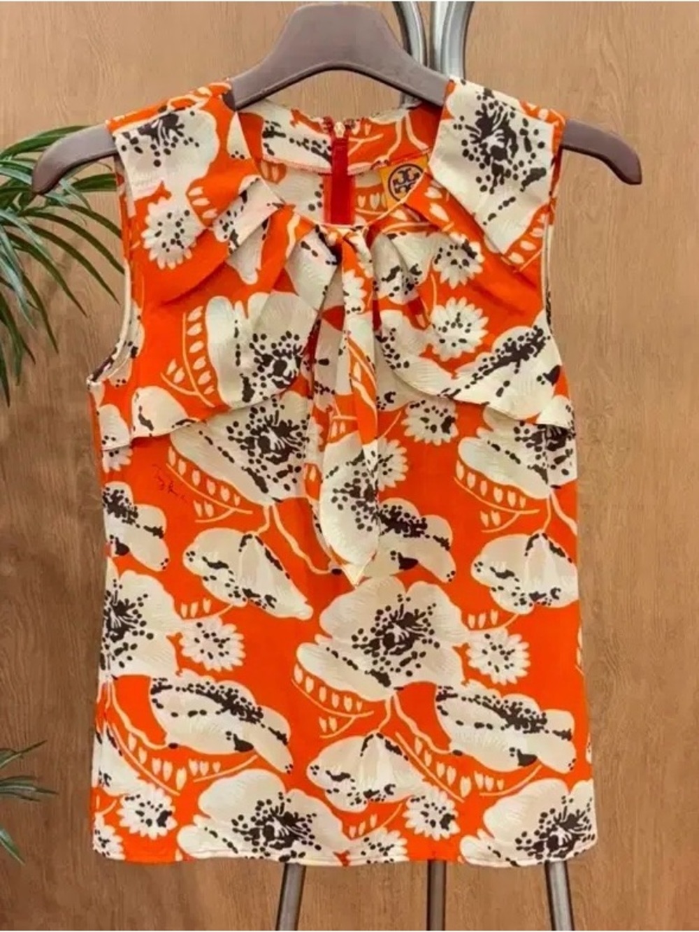 Tory Burch Orange Floral Sleeveless Tie-Neck Top 100% silk
